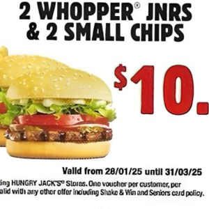 Hungry Jacks Lismore 2 Junior Whopper And 2 Chips Meal Deal